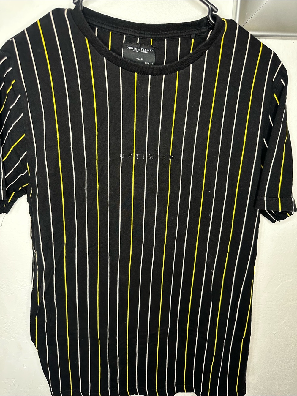 Denim & Flower Black Short-Sleeve Tee with Yellow & White Pinstripes